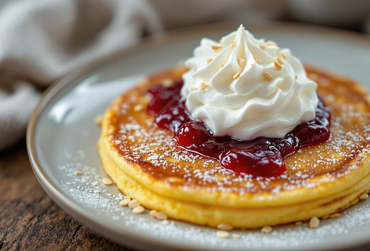 A detailed photograph showcasing a Saffranspannkaka, a Gotland saffron pancake, topped with dewberry jam and whipped cream. The image highlights the textures and colors of this traditional Swedish dessert.