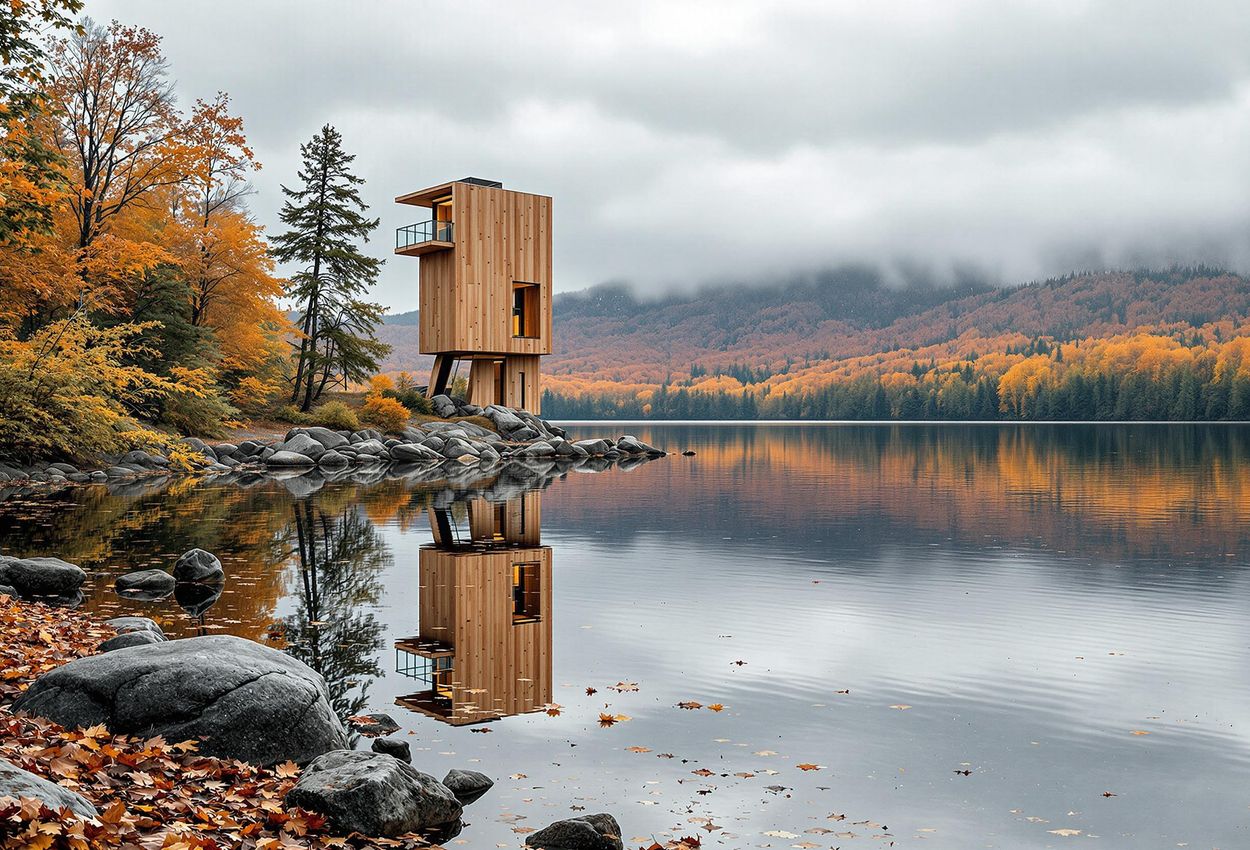Autumn Serenity at Lake Siljan: A Swedish Landscape A serene landscape photograph of Lake Siljan in Dalarna, Sweden, showcasing the vibrant autumn colors reflected in the calm waters and the modern Naturum Dalarna observation tower on the shoreline.