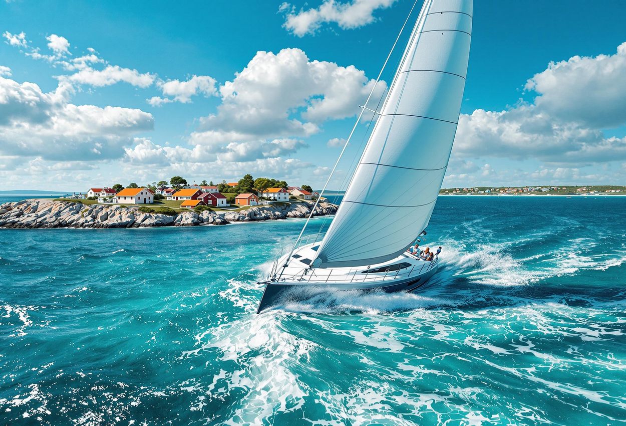 Sailing the Bohuslän Archipelago: A Swedish Coastal Adventure A telephoto shot capturing a sailboat heeling through the clear waters of Sweden