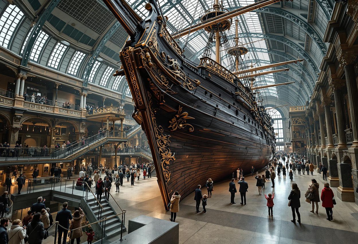 A stunning photograph of the Vasa ship inside the Vasa Museum in Stockholm, Sweden, showcasing its intricate details and historical significance.