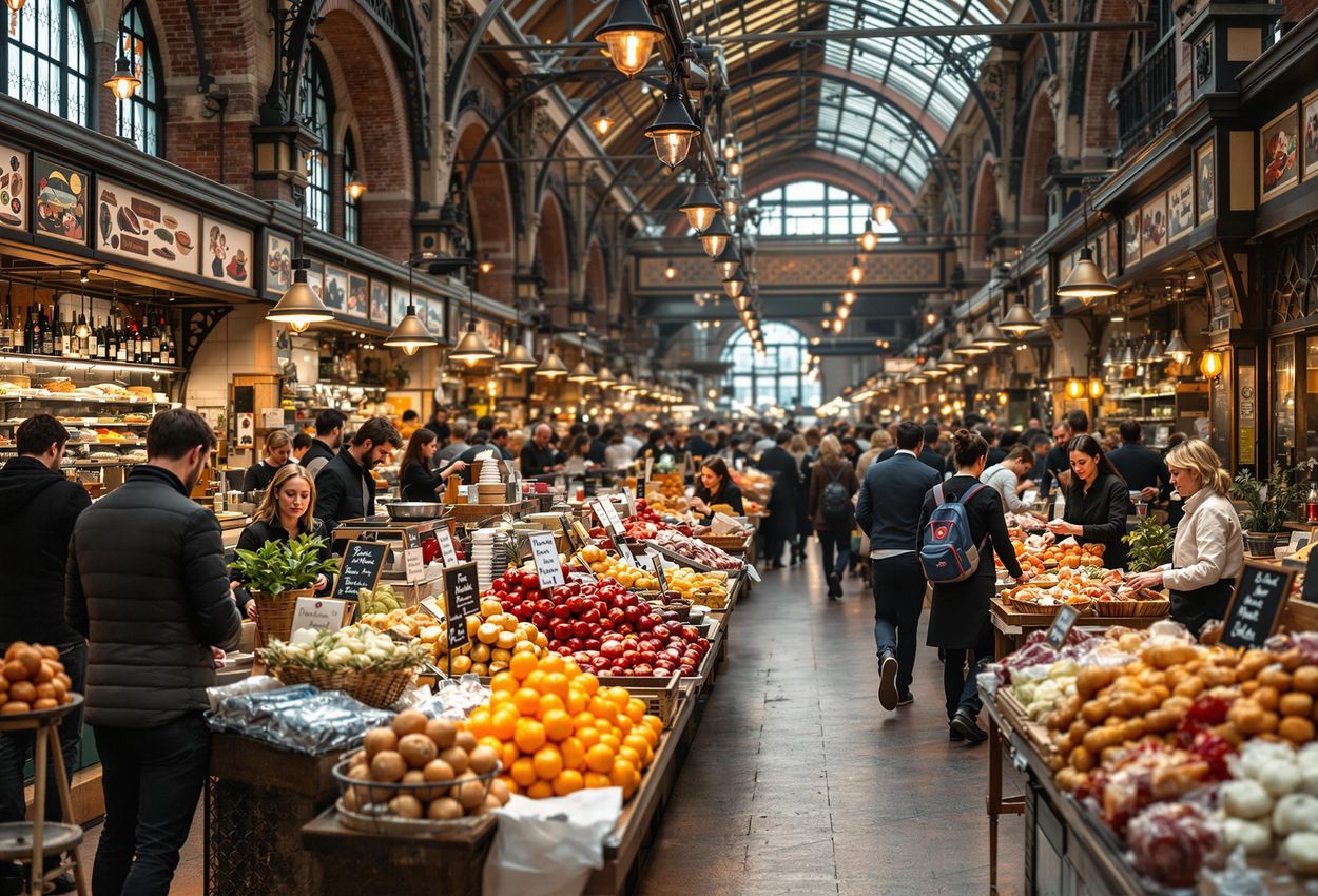 A vibrant photograph capturing the lively atmosphere inside Östermalms Saluhall, a historic food market in Stockholm, filled with vendors, customers, and an array of Swedish delicacies.