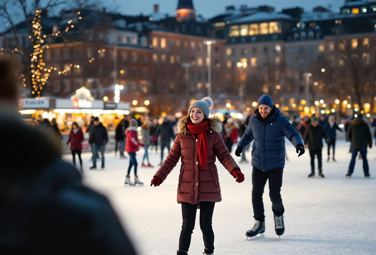 A photograph capturing a lively evening scene at Kungsträdgården ice skating rink in Stockholm, featuring skaters enjoying the magical atmosphere created by city lights.