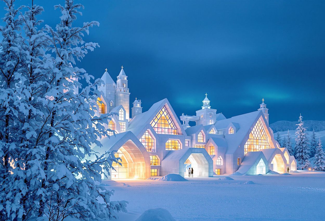 Icehotel at Dusk: A Winter Wonderland in Jukkasjärvi, Sweden A breathtaking photograph of the Icehotel in Jukkasjärvi, Sweden, at dusk. The intricate ice architecture glows softly against the twilight sky, creating a magical winter scene.