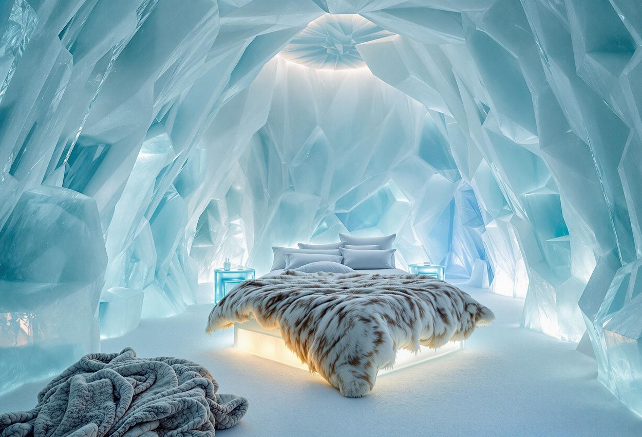 Luxury Ice Hotel Art Suite in Jukkasjärvi, Sweden A detailed photograph showcases a stunning art suite within the Icehotel in Jukkasjärvi, Sweden, featuring intricate ice sculptures and a luxurious ice bed covered with reindeer hides.