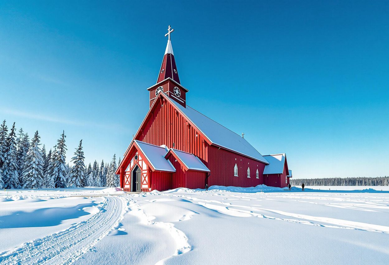 Kiruna Church in Winter: An Architectural Masterpiece A stunning photograph of Kiruna Church in Sweden on a clear winter day. The red wooden church stands out against the snow-covered landscape under a blue sky, showcasing its unique design inspired by Sami tents and Norwegian stave churches.