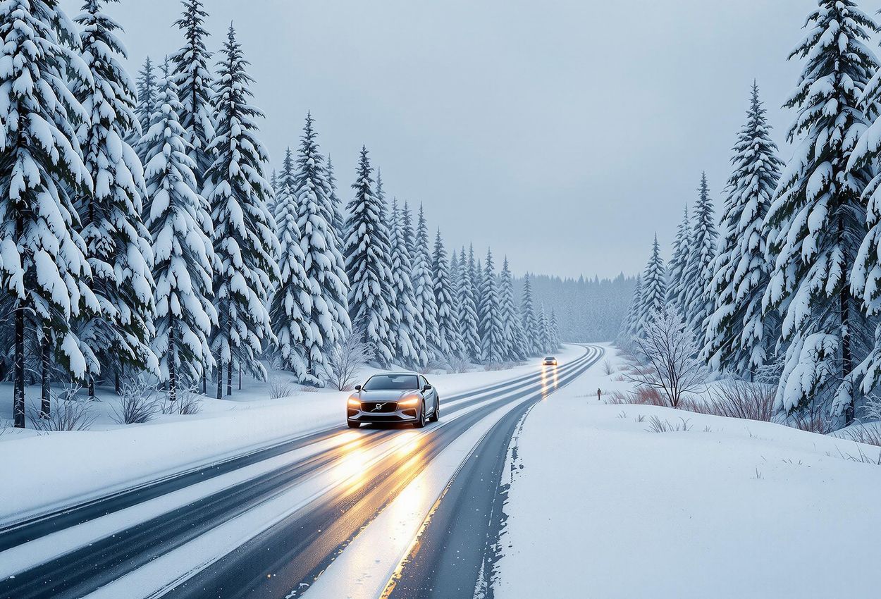 Winter Road to Jukkasjärvi: A Scenic Drive in Swedish Lapland A serene winter photograph of the road leading to Jukkasjärvi, Sweden, lined with snow-covered trees and a modern car, capturing the beauty and tranquility of the Arctic landscape.