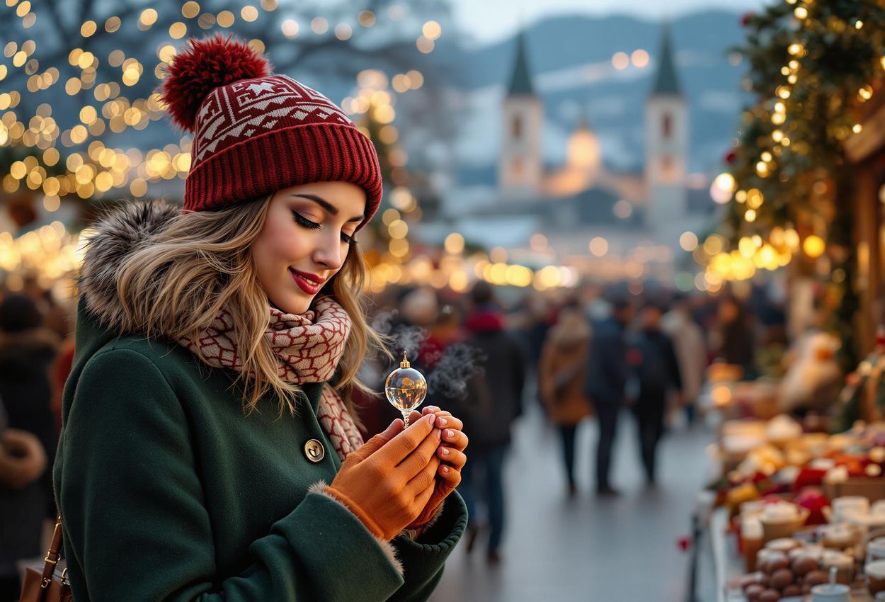 A detailed photograph capturing the vibrant atmosphere of the Salzburg Christmas Market on Domplatz and Residenzplatz, featuring twinkling lights, colorful stalls, and happy crowds enjoying the holiday season.