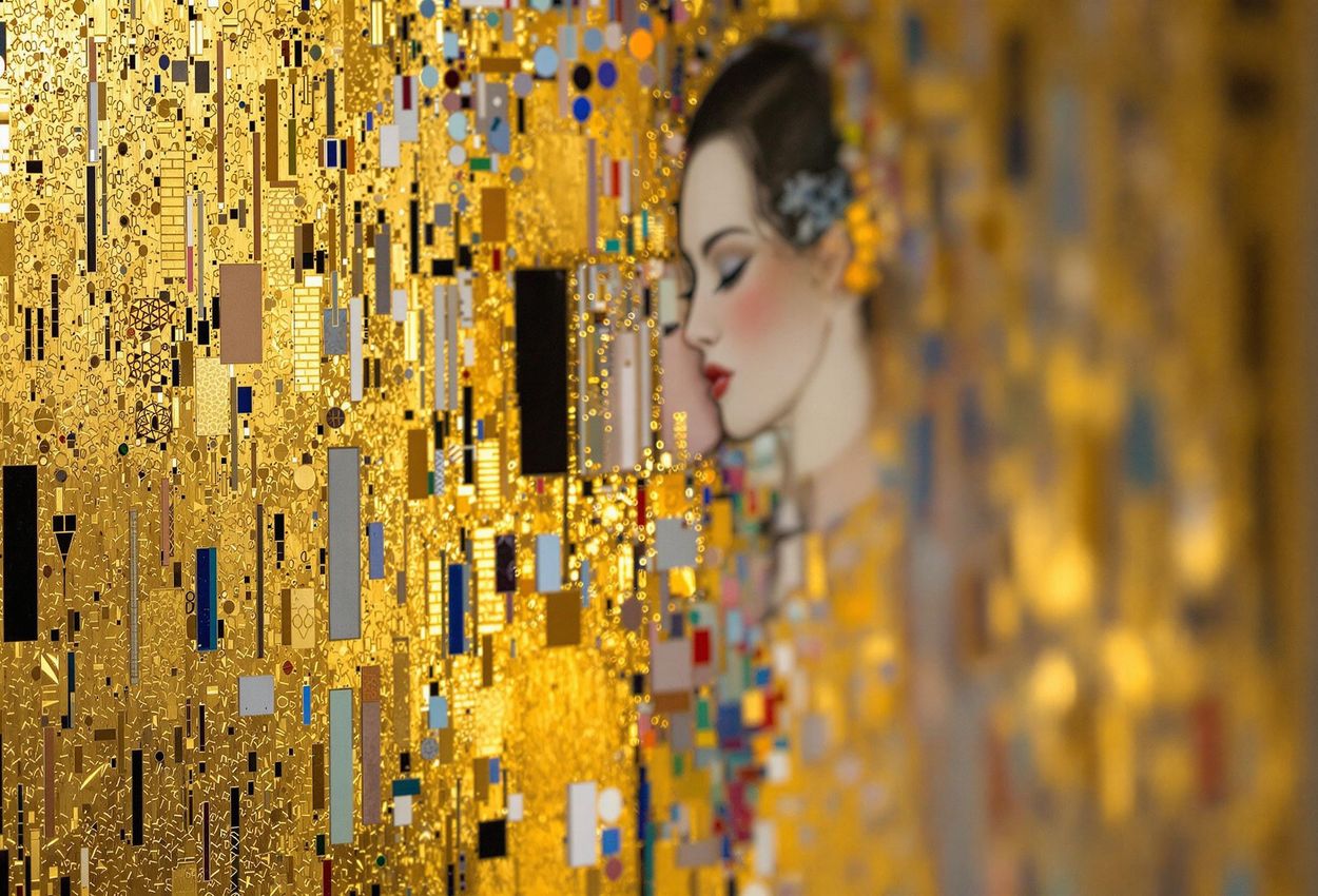 A detailed macro photograph of Gustav Klimt