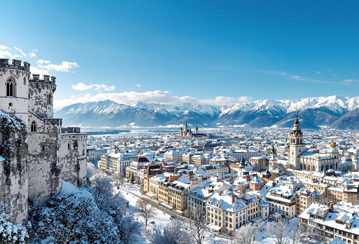 A stunning panoramic photograph captures Salzburg from Hohensalzburg Fortress, showcasing snow-covered rooftops and the majestic Alps under a clear winter sky.