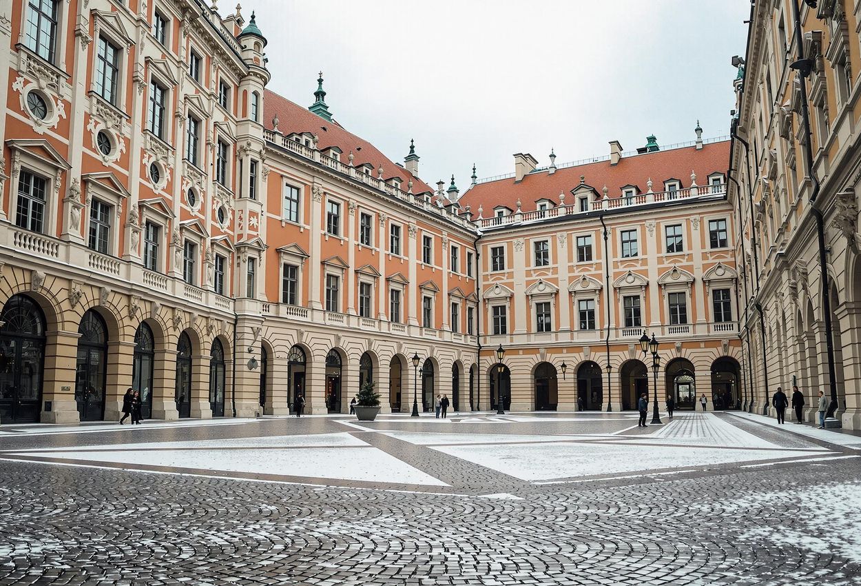 A tranquil photograph capturing the architectural beauty of a quiet courtyard within the Hofburg Palace complex in Vienna, showcasing its historical significance and serene atmosphere.