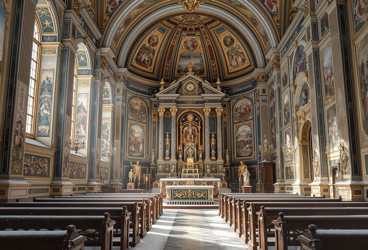 A photograph capturing the tranquil interior of the Mondsee wedding church, its baroque architecture beautifully illuminated by soft winter light.
