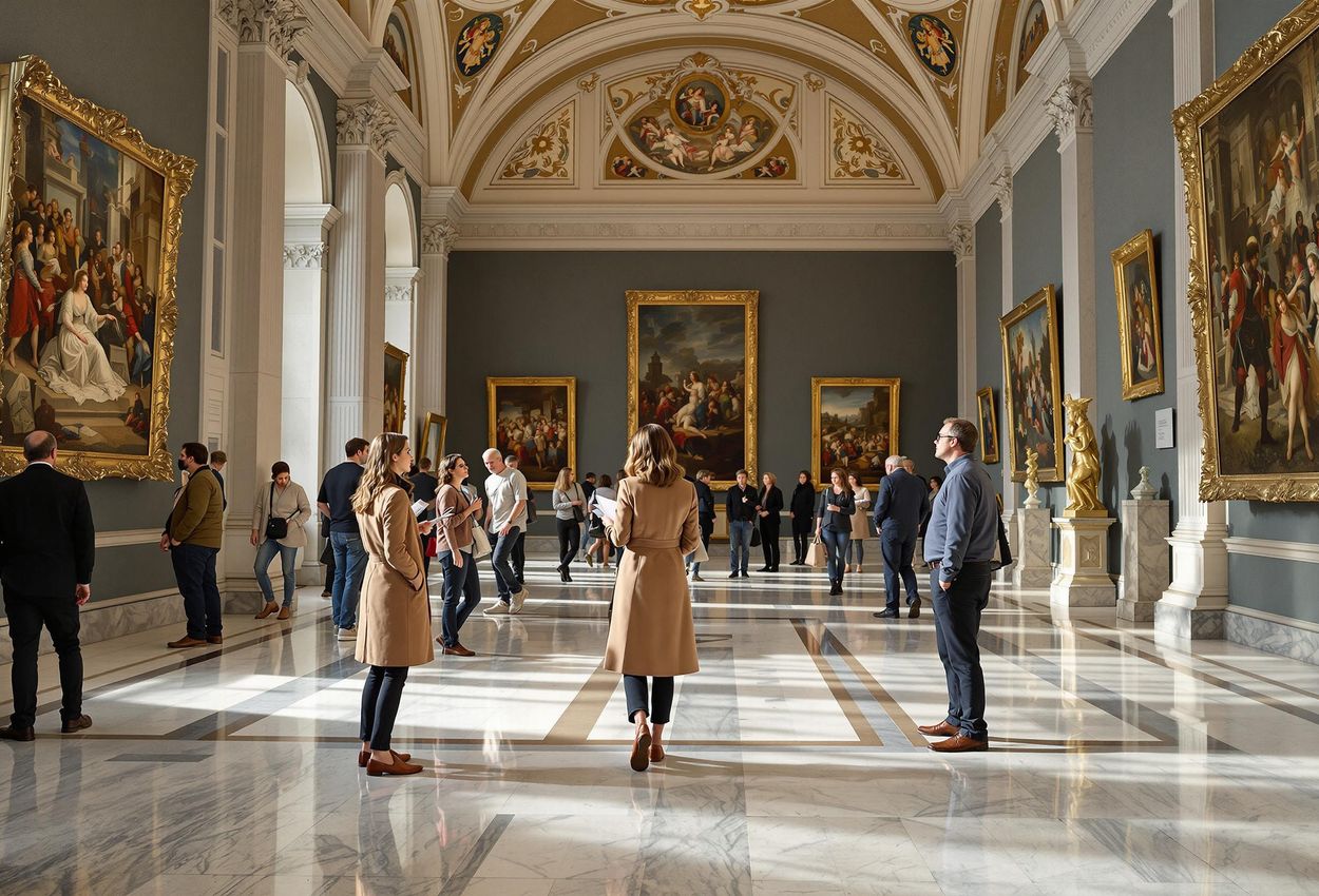 A wide-angle photograph captures the interior of the Kunsthistorisches Museum in Vienna, showcasing a special Renaissance art exhibition with visitors admiring the artwork under natural light.