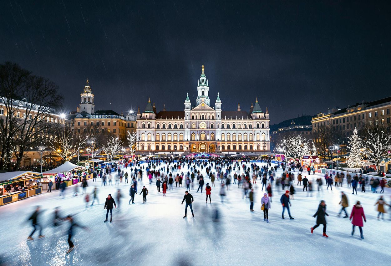 A captivating photograph of Vienna Ice World at Rathausplatz, showcasing the illuminated City Hall and joyful skaters on a winter night.