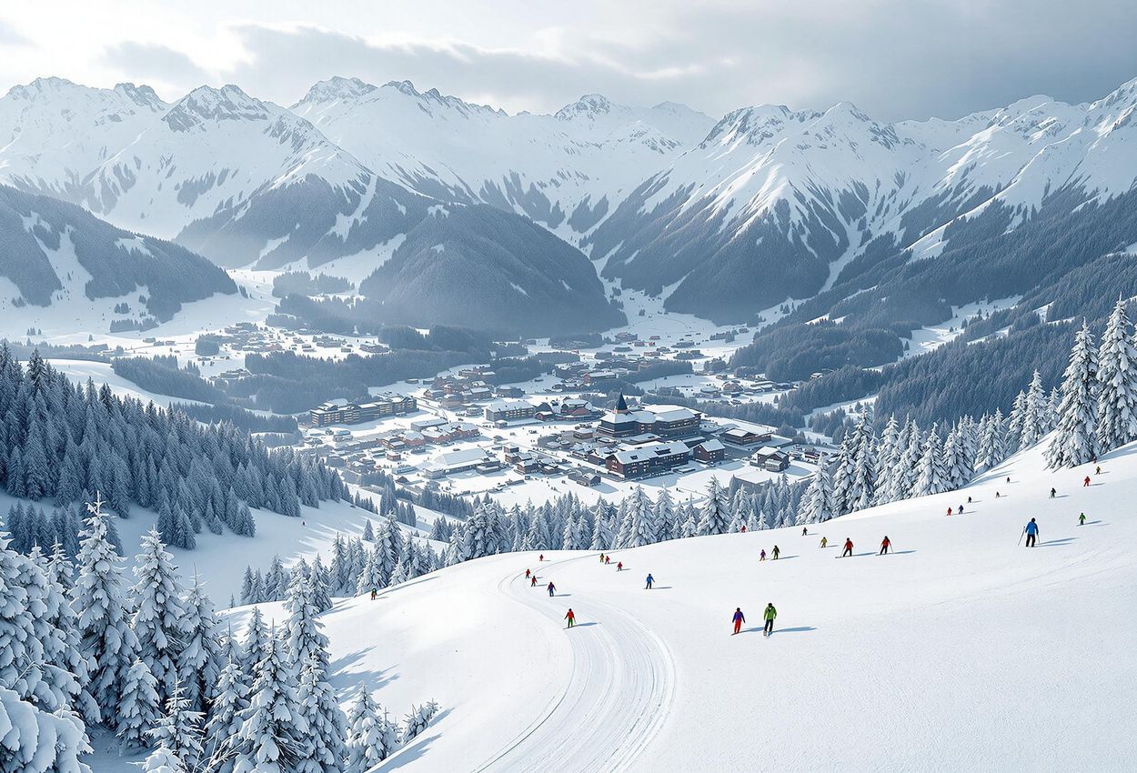 A high-angle photograph capturing the snow-covered slopes of Semmering, Austria, with skiers in action against a backdrop of majestic Alpine peaks under soft, diffused light.