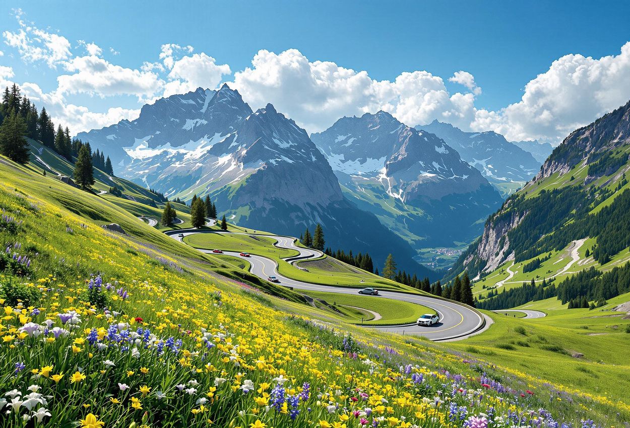 A stunning photograph of the Grossglockner High Alpine Road on a sunny summer morning, showcasing vibrant meadows, snow-capped peaks, and winding roads.