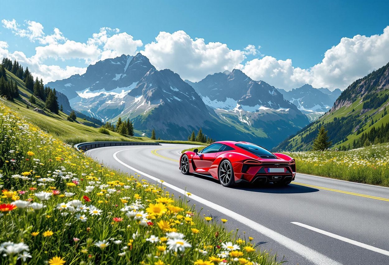 A stunning photograph of a red sports car navigating a hairpin bend on the Grossglockner High Alpine Road, surrounded by alpine meadows and snow-capped mountains.