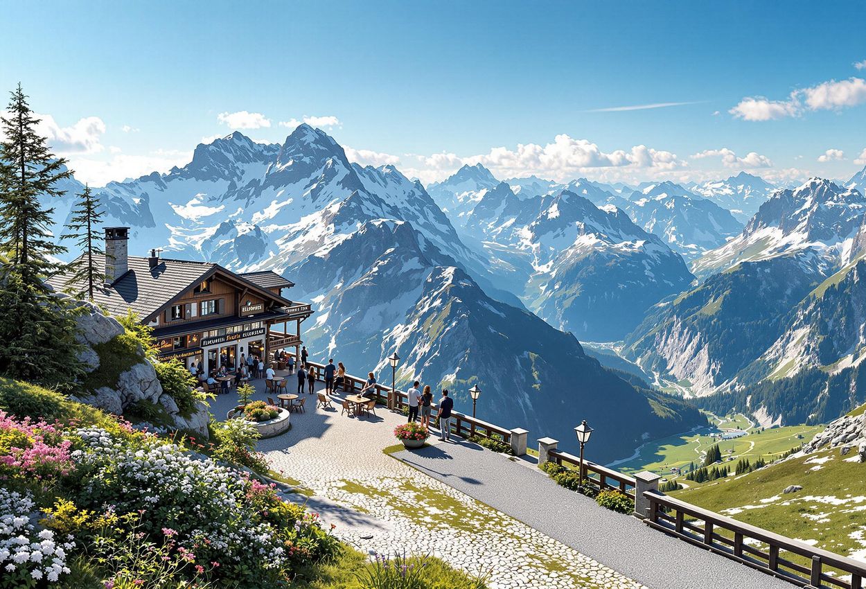A stunning panoramic photograph from Edelweiss Spitze on the Grossglockner High Alpine Road in Austria, showcasing the restaurant and surrounding snow-capped peaks on a clear summer morning.