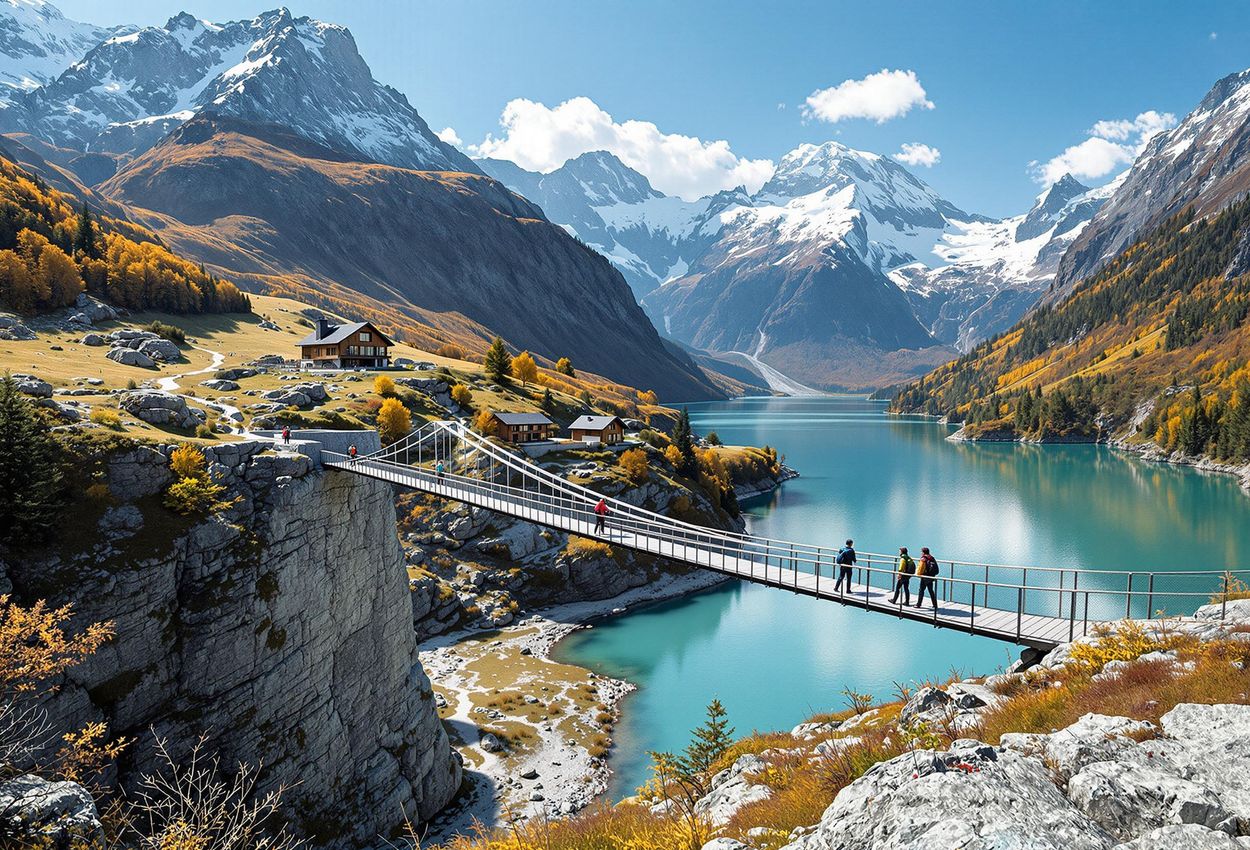 A stunning photograph of the Olperer Bridge in the Zillertal Alps, showcasing the turquoise glacial lake, jagged peaks, and vibrant autumn colors.