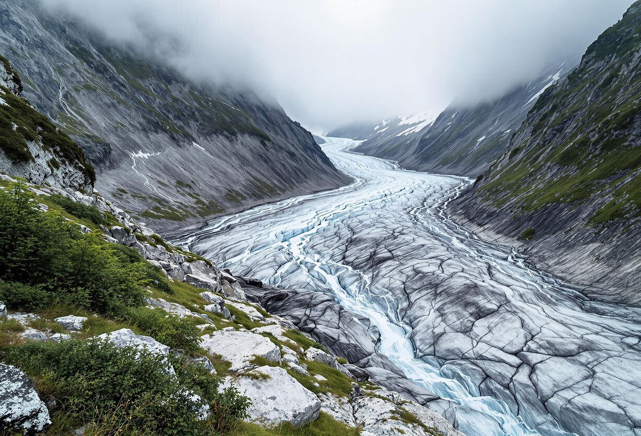 A poignant photograph capturing the dramatic retreat of the Pasterze Glacier in Austria, illustrating the visible impact of climate change on this iconic landscape.