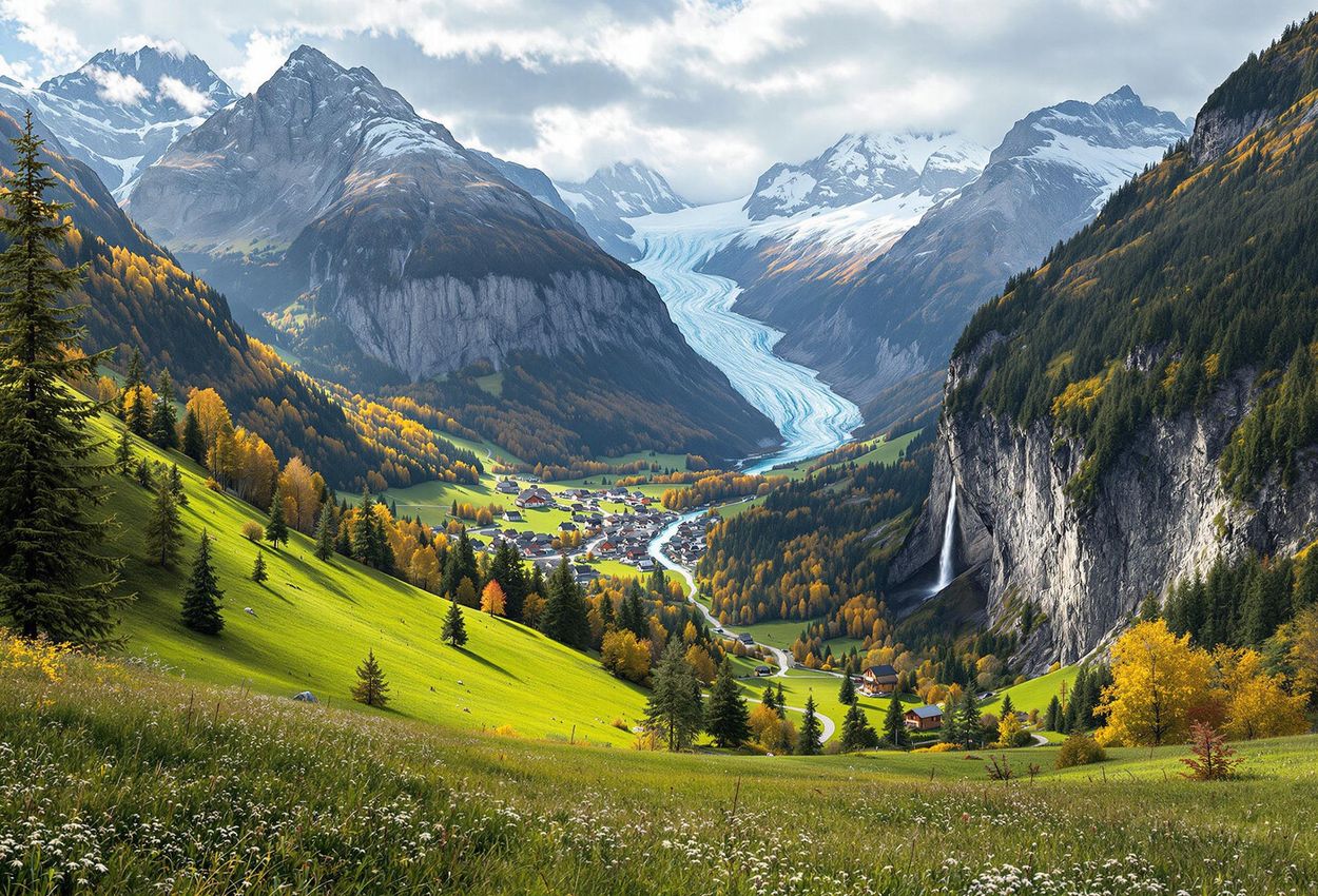 A stunning photograph capturing the diverse landscapes of the Ötztal Valley in September, showcasing alpine meadows, forests, glaciers, and the Stuibenfall waterfall.