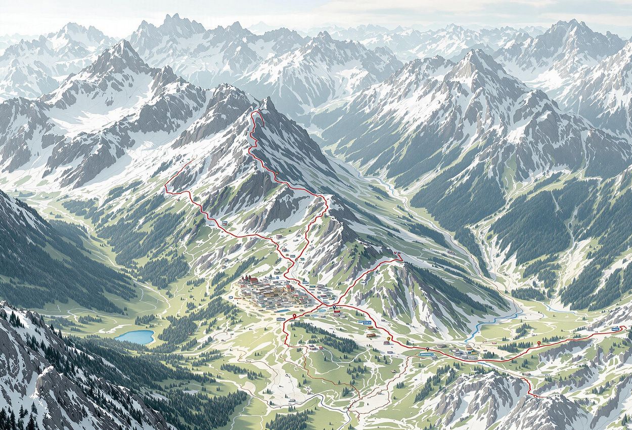 A detailed map of the Grossglockner High Alpine Road, highlighting key viewpoints, hiking trails, and attractions for visually impaired users.