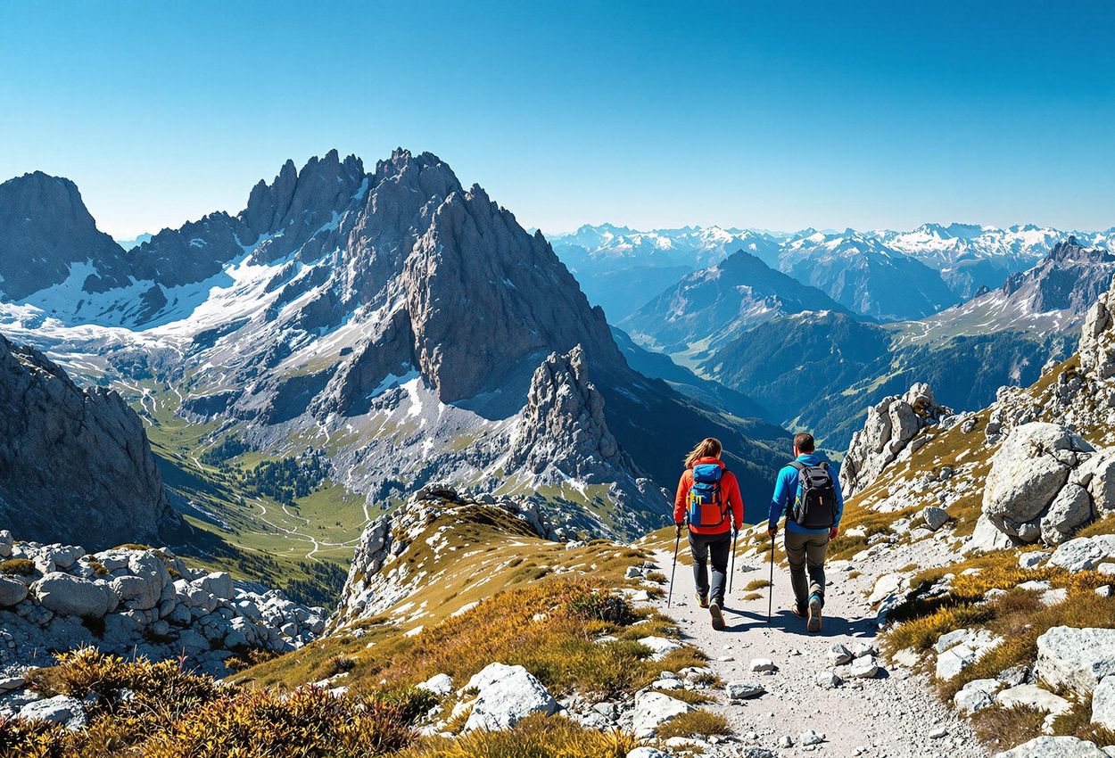 A scenic view of hikers on the Karwendel High Trail, showcasing the rugged beauty of the Karwendel Mountains in September, with the Stubai and Zillertal Alps in the distance.