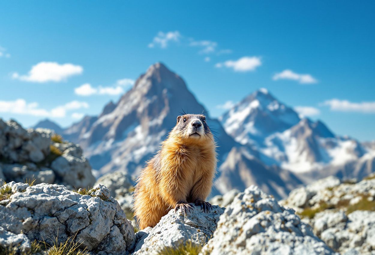 A captivating photograph of a marmot standing alert on a rocky outcrop, with the majestic Grossglockner mountain providing a stunning background. This image showcases the beauty and wildlife of the Austrian Alps.