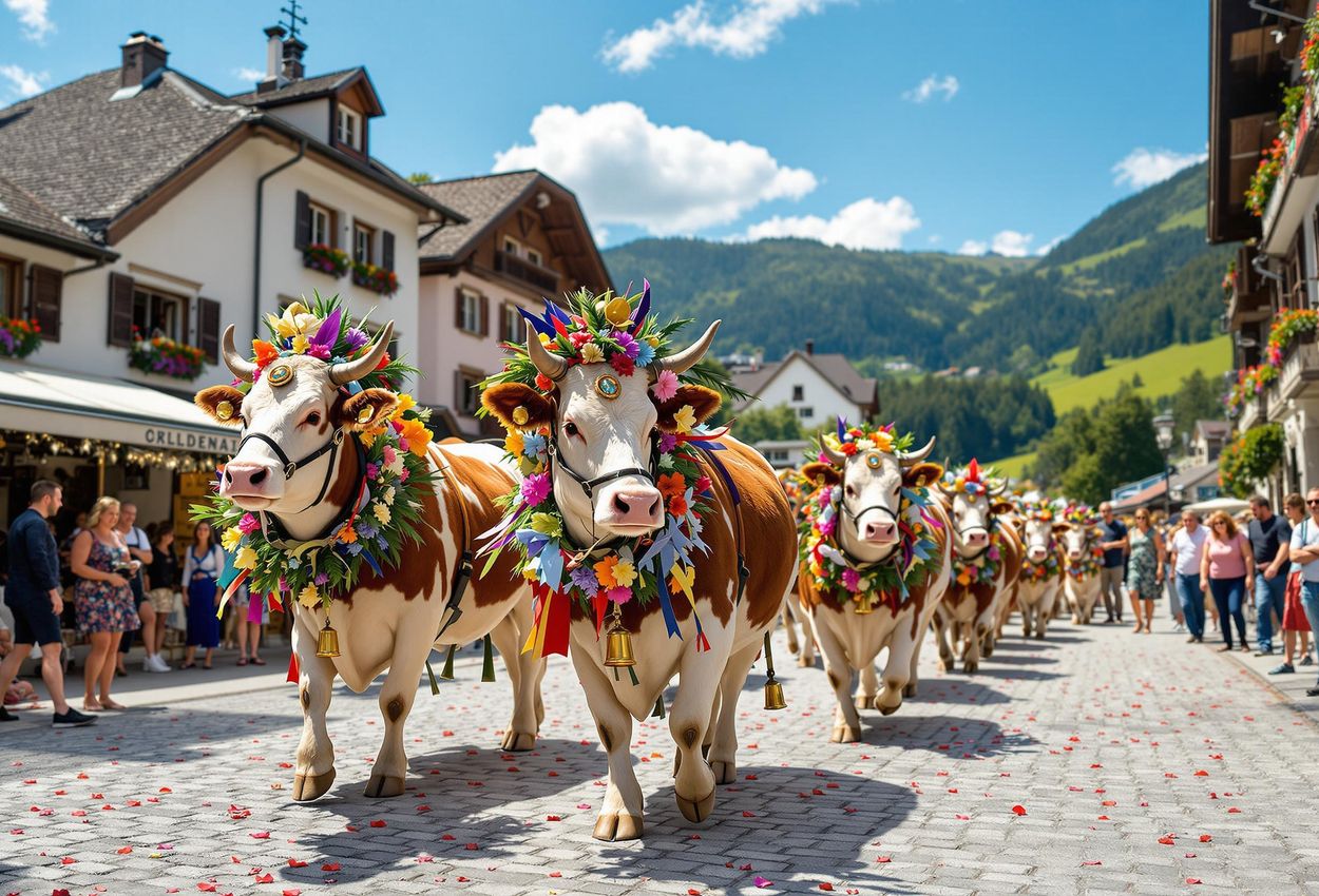A vibrant photograph capturing the traditional Almabtrieb festival in Brixental, Austria, featuring decorated cows, traditional music, and joyful celebrations.
