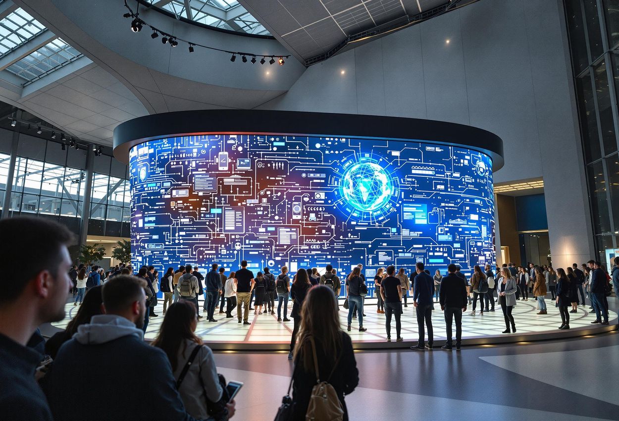 A photograph capturing the vibrant atmosphere inside the Ars Electronica Center in Linz, Austria, showcasing visitors engaging with an interactive artificial intelligence exhibit.
