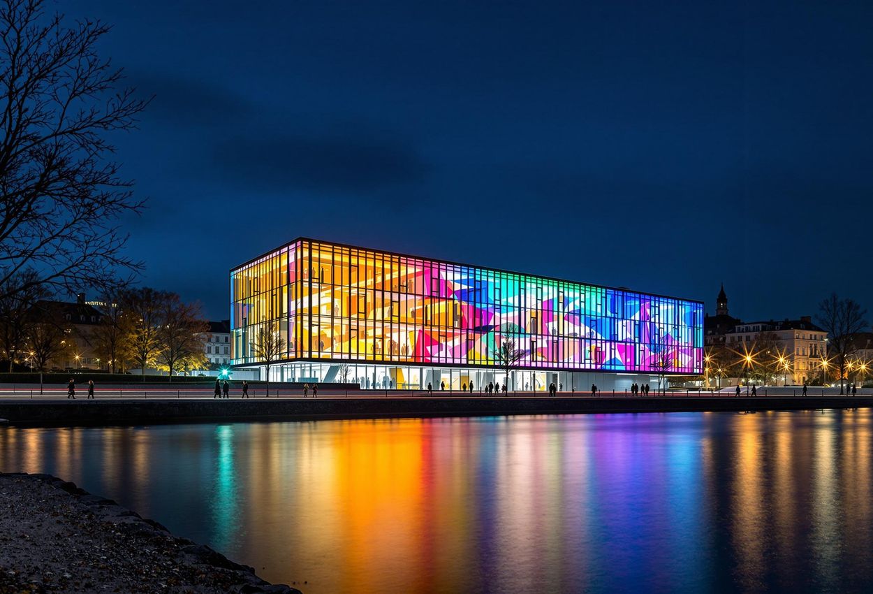A nighttime photograph of the Lentos Art Museum in Linz, Austria, taken from across the Danube River. The museum