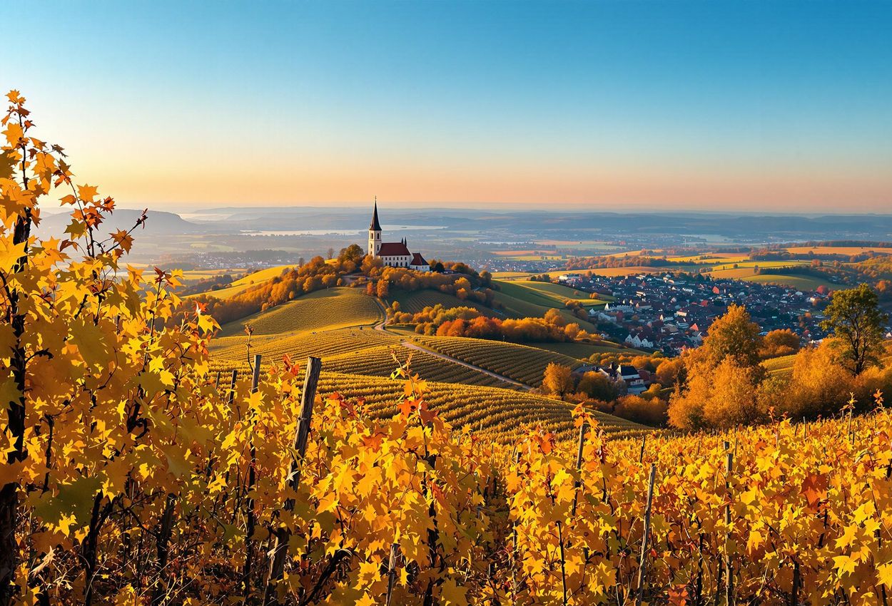 A stunning photograph capturing the golden vineyards of Burgenland, Austria, in November. The rolling hills and distant village create a serene and picturesque landscape.
