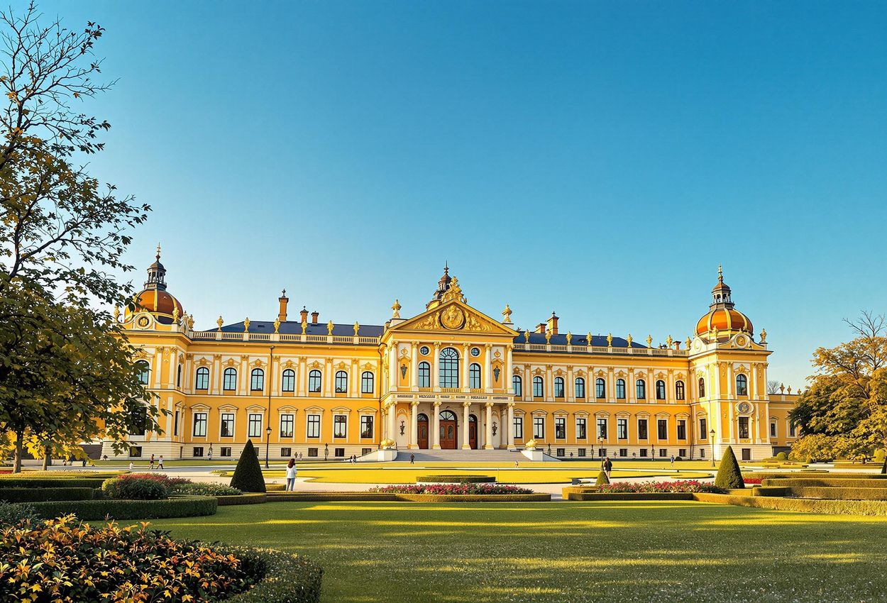 A stunning photograph of Esterházy Palace in Eisenstadt, Austria, captured during the golden hour. The image showcases the palace