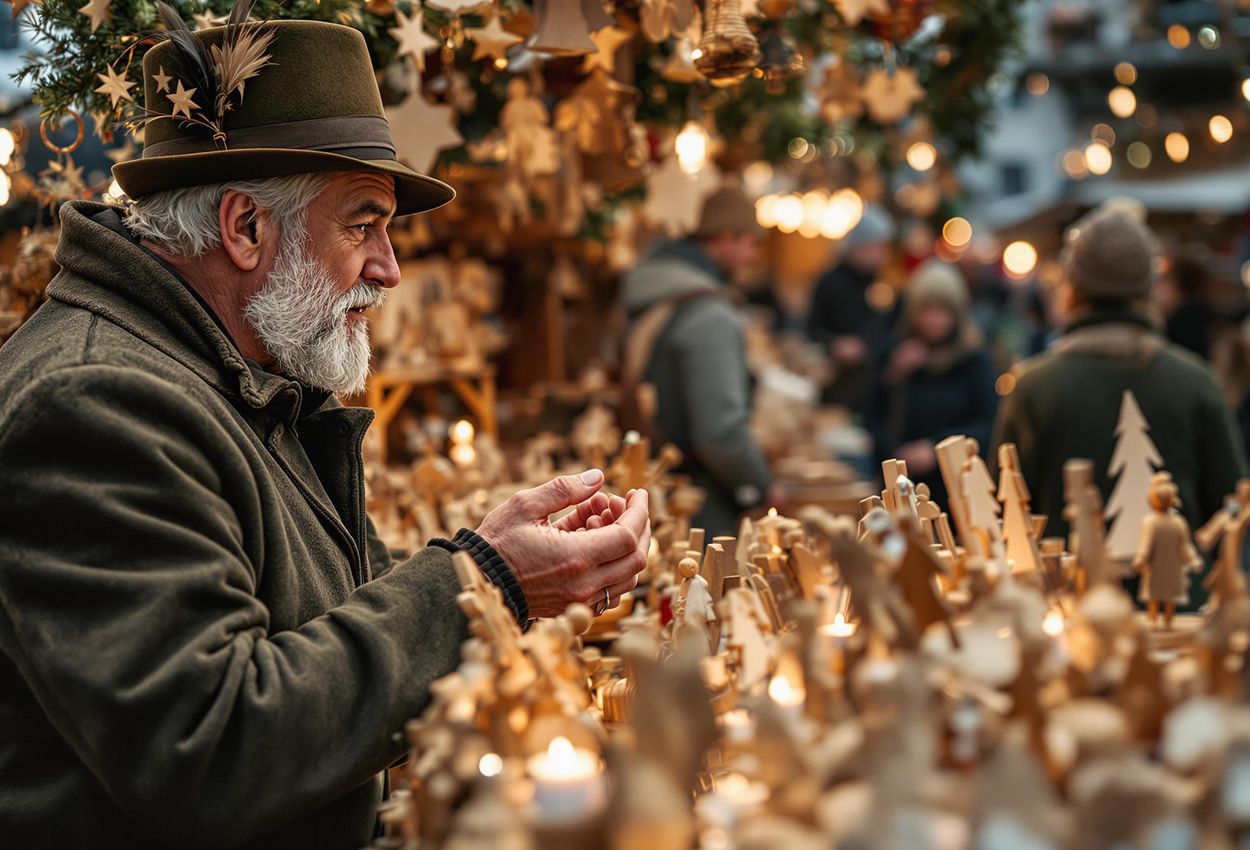 Festive Rattenberg Advent Market: Handcrafted Wooden Ornaments A captivating photograph capturing the warm and inviting atmosphere of the Rattenberg Advent market, showcasing a stall brimming with handcrafted wooden ornaments and a friendly vendor interacting with a customer.