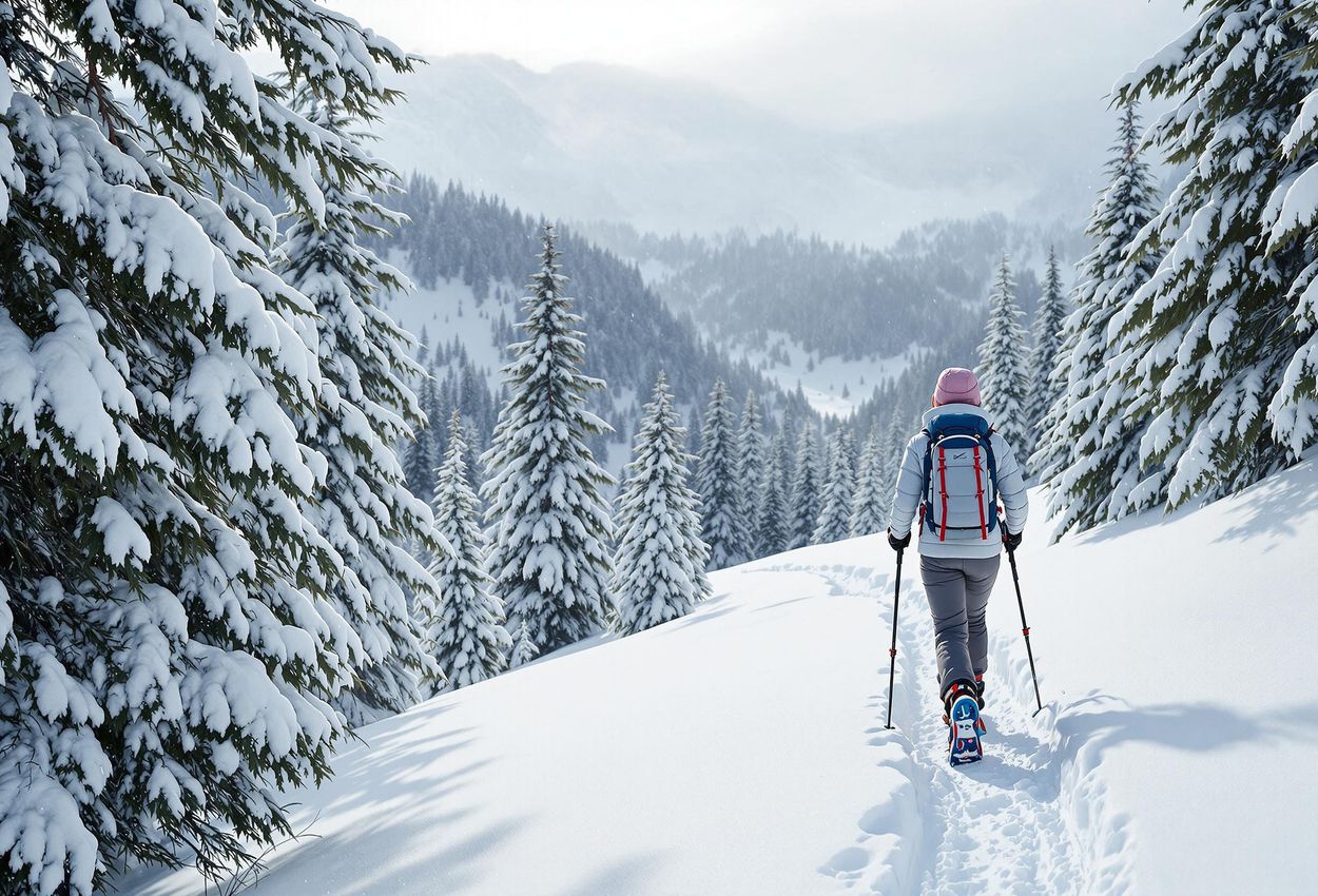 Snowshoeing in the Serene Alpbachtal Mountains, Tyrol A picturesque winter scene of a snowshoer exploring a snow-covered trail in the Alpbachtal mountains, showcasing the beauty and tranquility of the Austrian Alps.
