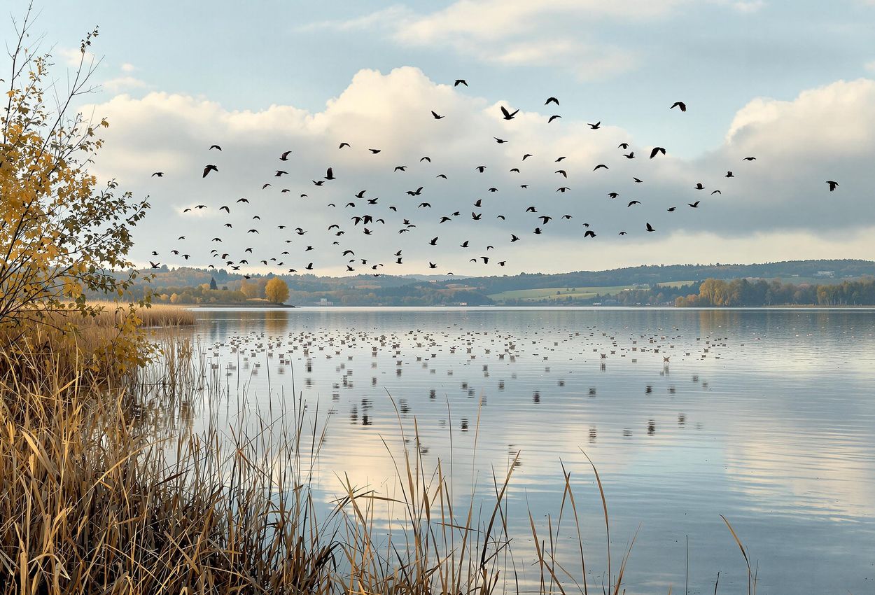 A serene panoramic photograph of Lake Neusiedl in November, showcasing the lake