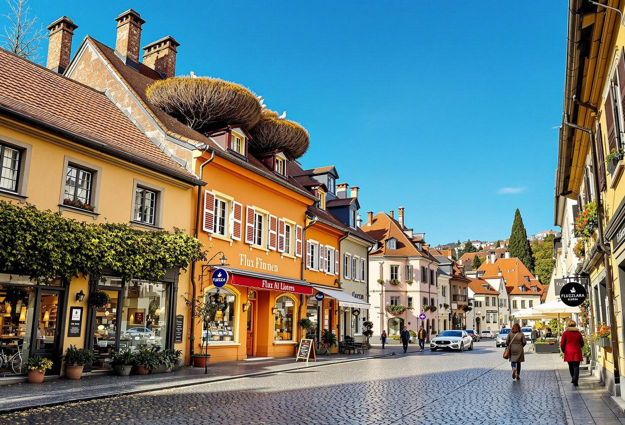 A captivating photograph of a charming street in Rust, Austria, showcasing its baroque architecture adorned with stork nests under a clear blue sky.