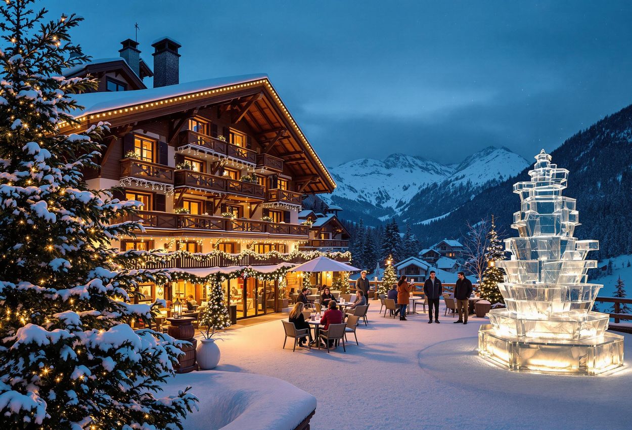 Böglerhof Luxury Christmas Getaway in the Austrian Alps A photograph capturing the Böglerhof - Pure Nature Spa Resort at dusk, adorned with Christmas lights and surrounded by snow-covered mountains. Guests are seen relaxing on the terrace, enjoying the festive atmosphere.