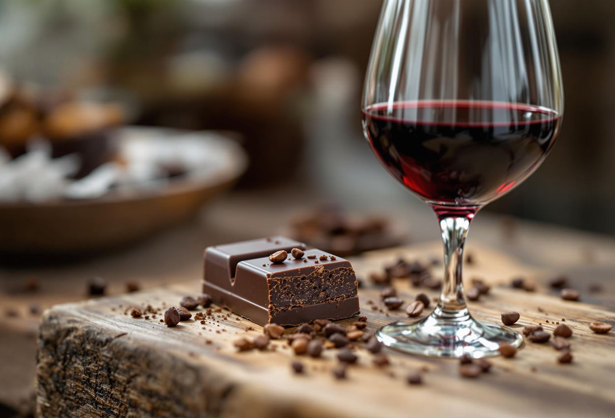 A close-up photograph of a Zotter dark chocolate bar paired with a glass of deep ruby-colored Burgenland wine, set on a rustic wooden table in soft, diffused light.