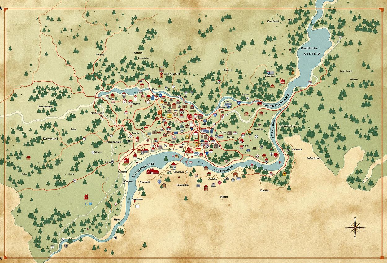 Detailed map of Burgenland, Austria, highlighting attractions and transportation for planning your trip.