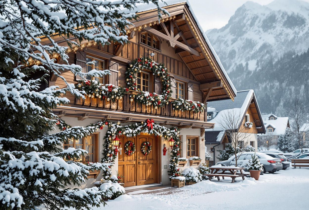Traditional Wooden Architecture in Alpbach, Austria A detailed photograph showcases the traditional wooden architecture in Alpbach, Austria, adorned with festive Christmas decorations and fresh snow.