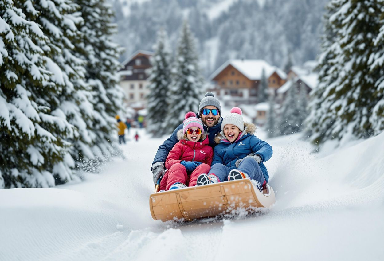 Family Tobogganing Adventure in Alpbach, Austria A family enjoys a thrilling toboggan ride down a snow-covered track in the picturesque village of Alpbach, Austria. The scene captures the joy and excitement of a winter family vacation.