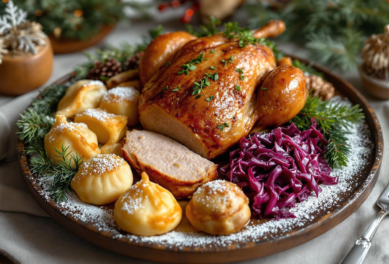 Traditional Tyrolean Christmas Feast in Alpbach, Austria A close-up photograph of a beautifully arranged plate featuring roast goose, dumplings, red cabbage, and Kiachl, showcasing the culinary traditions of Alpbach during Christmas.