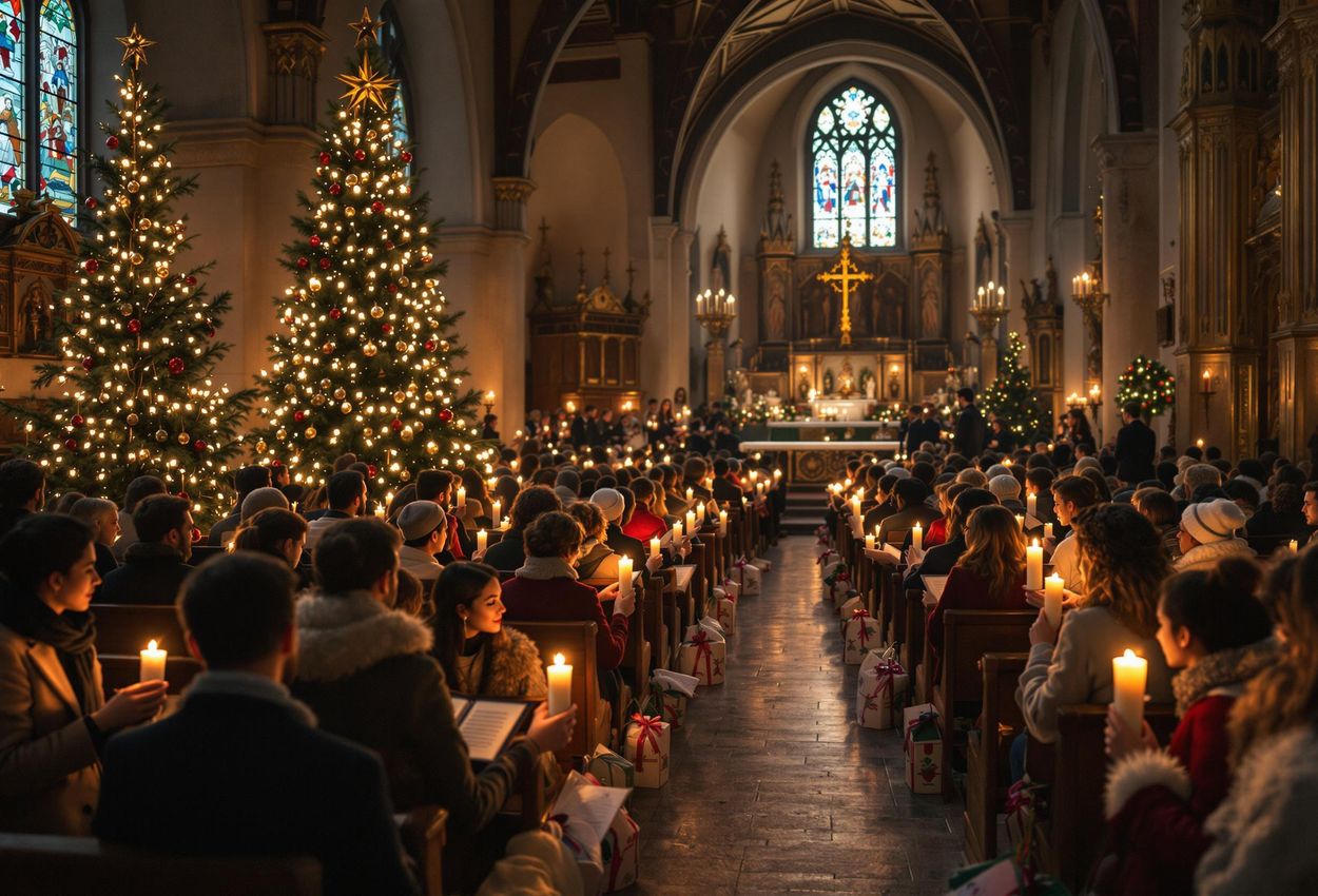 A photograph capturing the warm and intimate atmosphere of a British Carol service inside the historic St. Oswald church in Alpbach, Austria, on Christmas Eve.