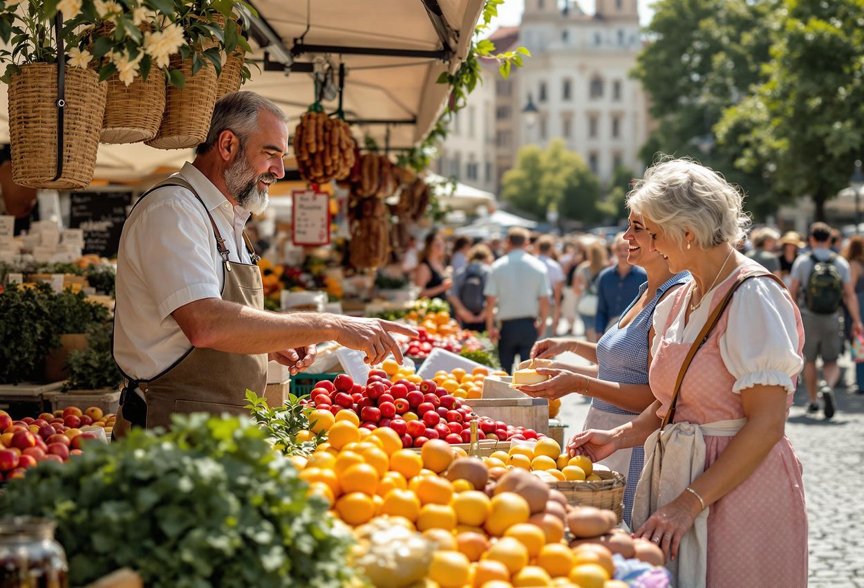 A detailed photograph capturing the lively atmosphere of Kaiser-Josef-Markt in Graz, Austria, showcasing local vendors, fresh produce, and the community