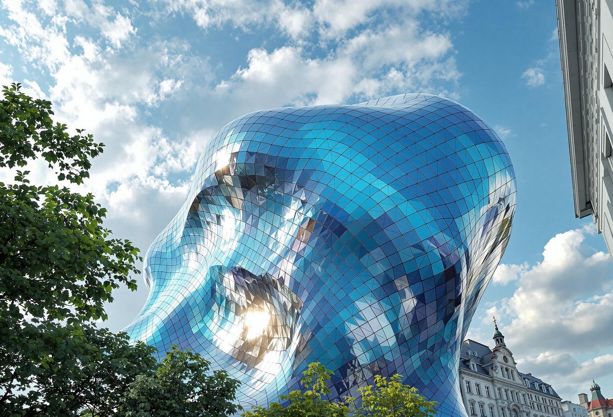 A detailed photograph of the Kunsthaus Graz, showcasing its unique blob architecture and seamless acrylic skin against a partially cloudy sky in Graz, Austria.