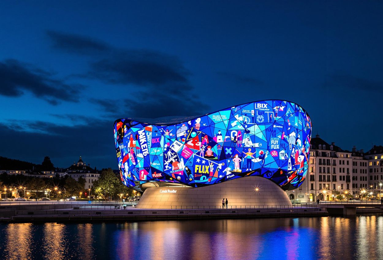 A nighttime view of the Kunsthaus Graz, showcasing its BIX media facade illuminated with colorful animations. The cityscape provides a stunning backdrop.