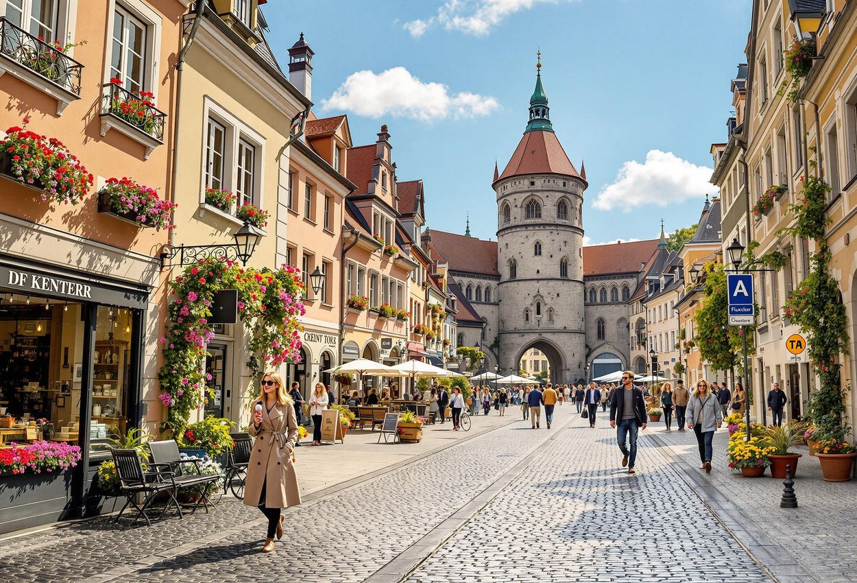 A photograph capturing a charming street in Krems an der Donau, Austria, featuring historic buildings, the iconic Steiner Tor, and people enjoying a pleasant spring day.