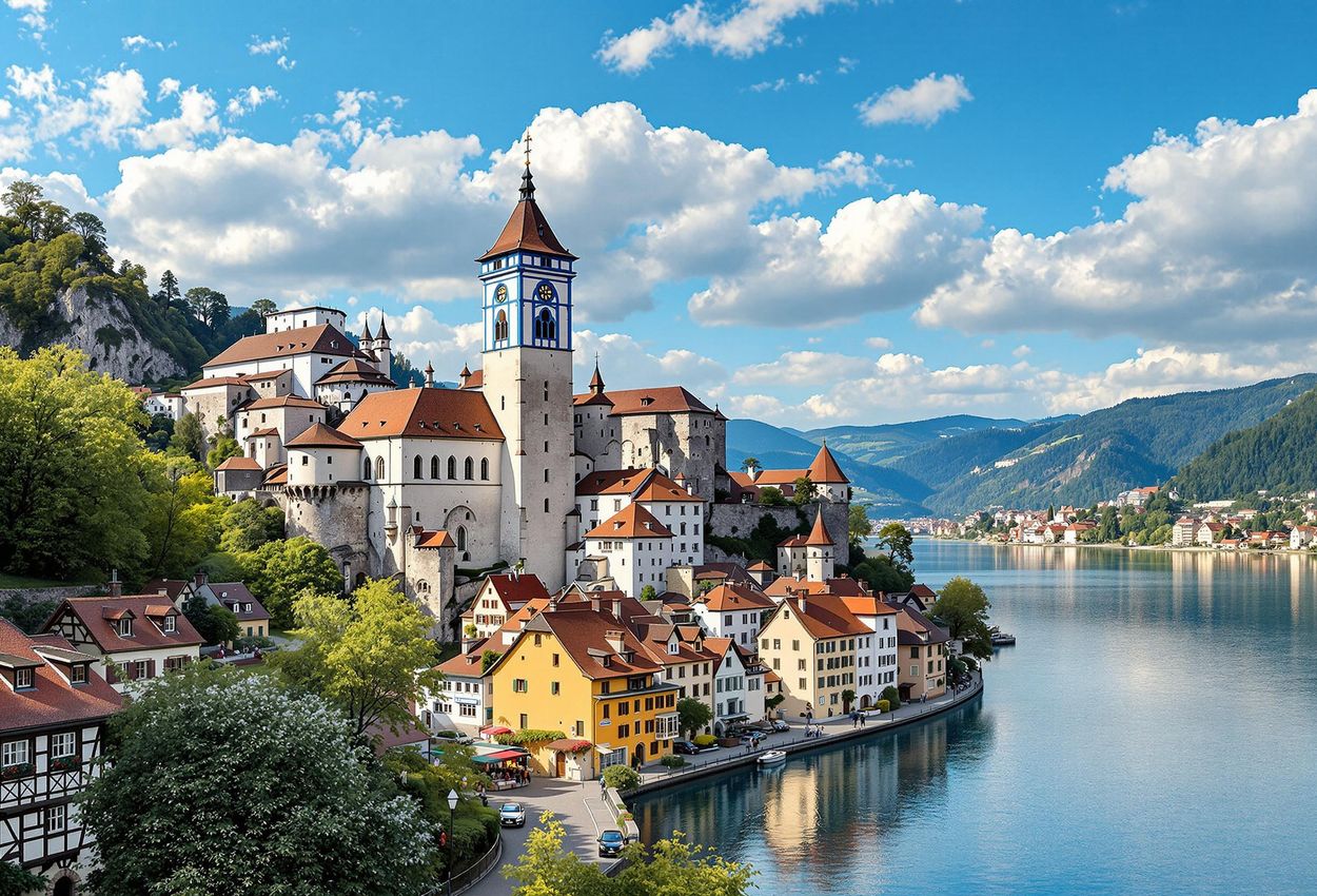 A scenic photograph of Dürnstein, Austria, featuring its iconic blue church tower, castle ruins, and the Danube River. A captivating view of the Wachau Valley