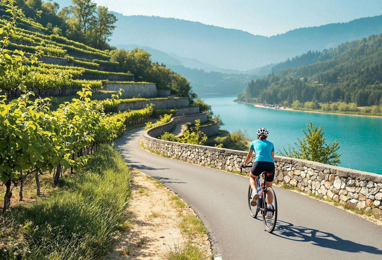 A scenic photograph of a cyclist riding along the Danube bike path in the Wachau Valley, Austria, with terraced vineyards and the river creating a stunning landscape.