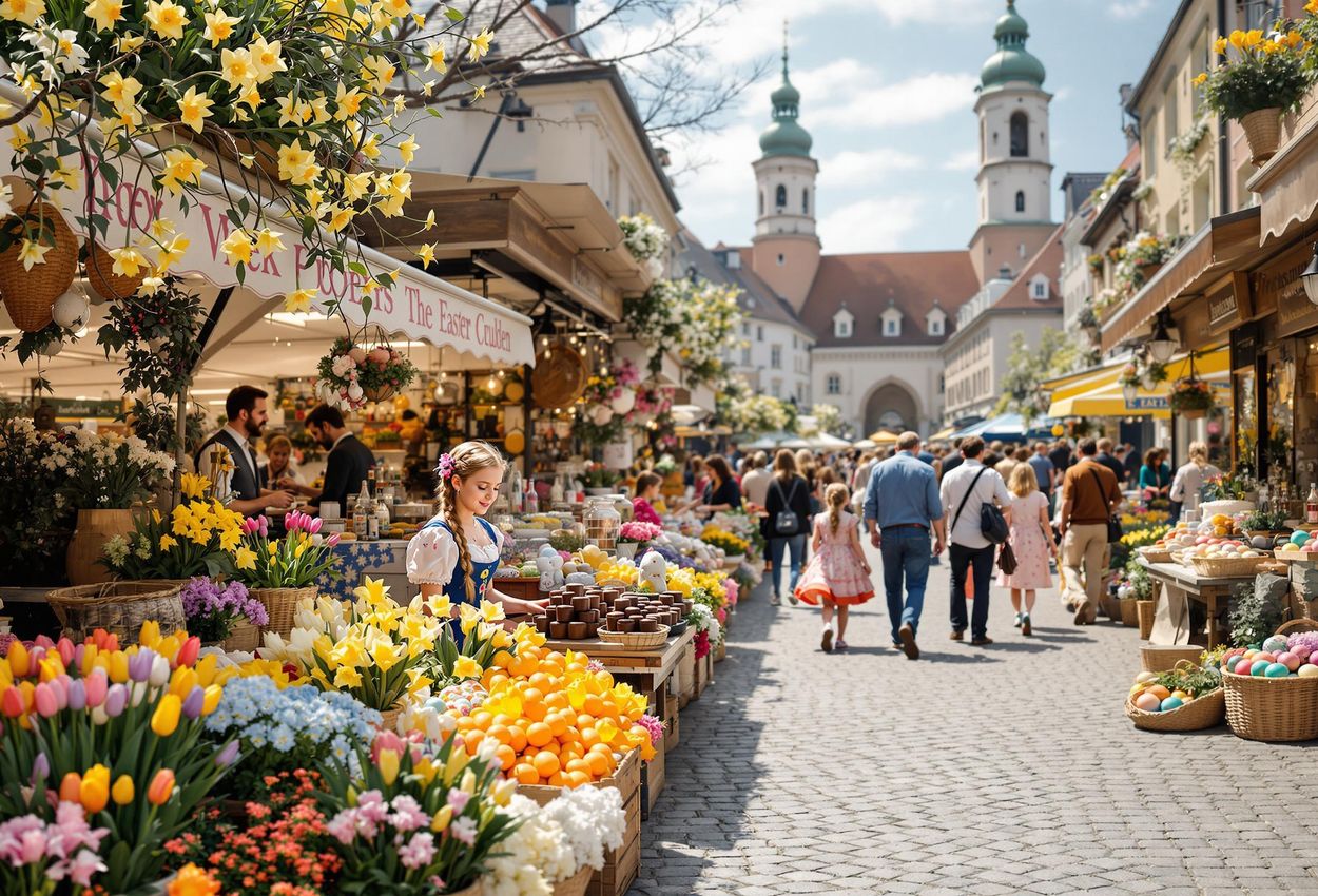 A vibrant photograph capturing the joyful atmosphere of an Easter market in Krems, Austria, filled with decorated eggs, flower arrangements, and local traditions.